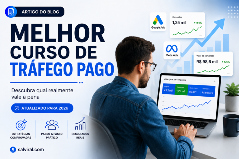 Homem analisando métricas de Google Ads e Meta Ads no laptop — melhor curso de tráfego pago em 2026