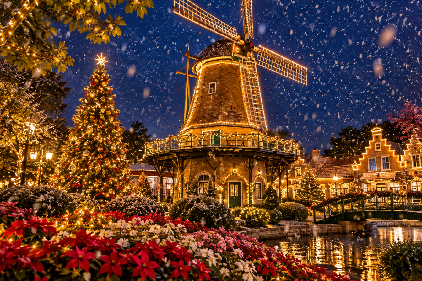 Ilustração de um moinho de vento holandês iluminado à noite, com árvore de Natal, casinhas enfeitadas e neve caindo sobre flores