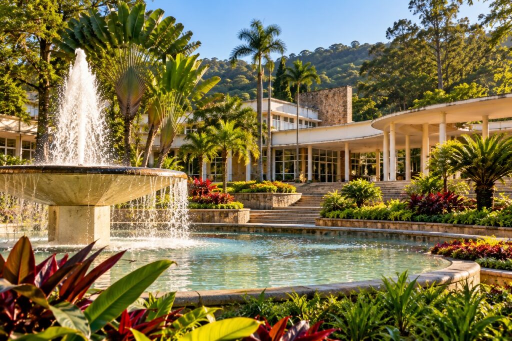 Ilustração de um pavilhão modernista de balneário com jardim e fonte de água Legenda: Ilustração gerada por inteligência artificial, não é uma fotografia do local.