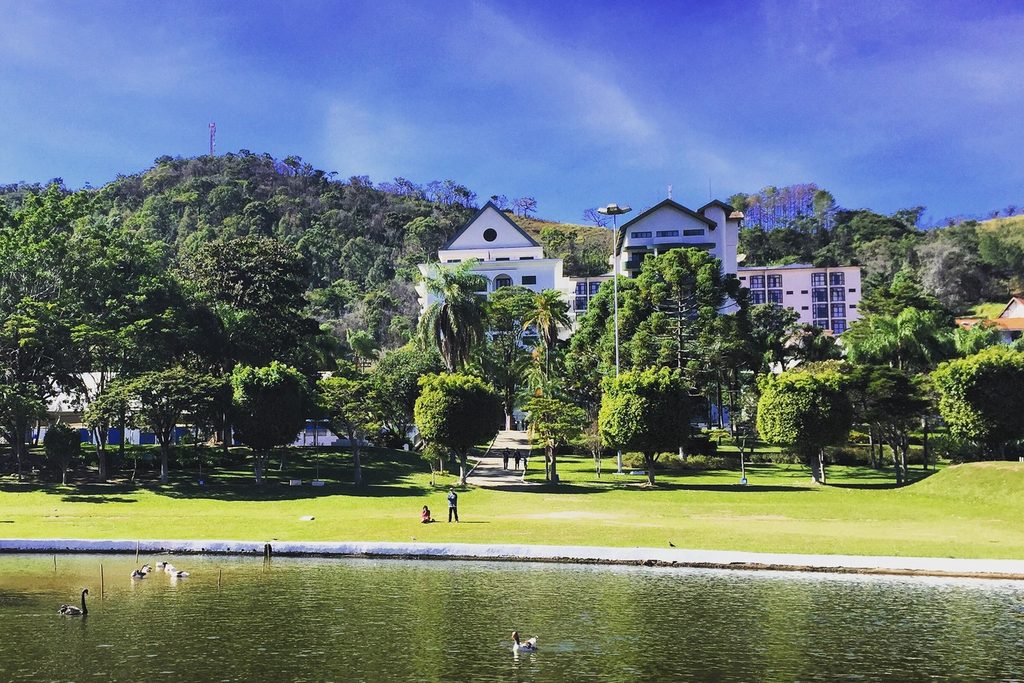 Lago com patos e um cisne em primeiro plano, gramado, palmeiras e prédios brancos entre morros verdes em Águas de Lindói