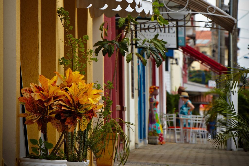 Calçada com vasos de plantas coloridas em frente a lojas com toldos, na Avenida Carlos Mauro