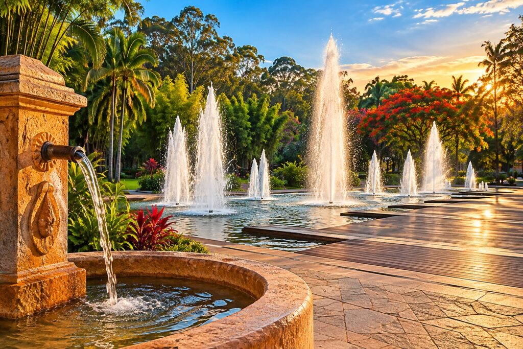 Ilustração de uma praça em Águas de São Pedro com fonte de pedra e bica de água, espelho d'água com chafarizes altos e mata ao fundo, ao entardecer
