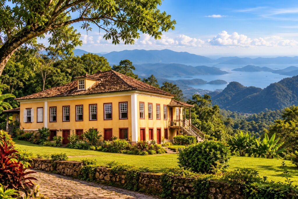 Ilustração da sede amarela da Fazenda Resgate cercada de jardim e mata, com montanhas e o mar da baía de Angra dos Reis ao fundo