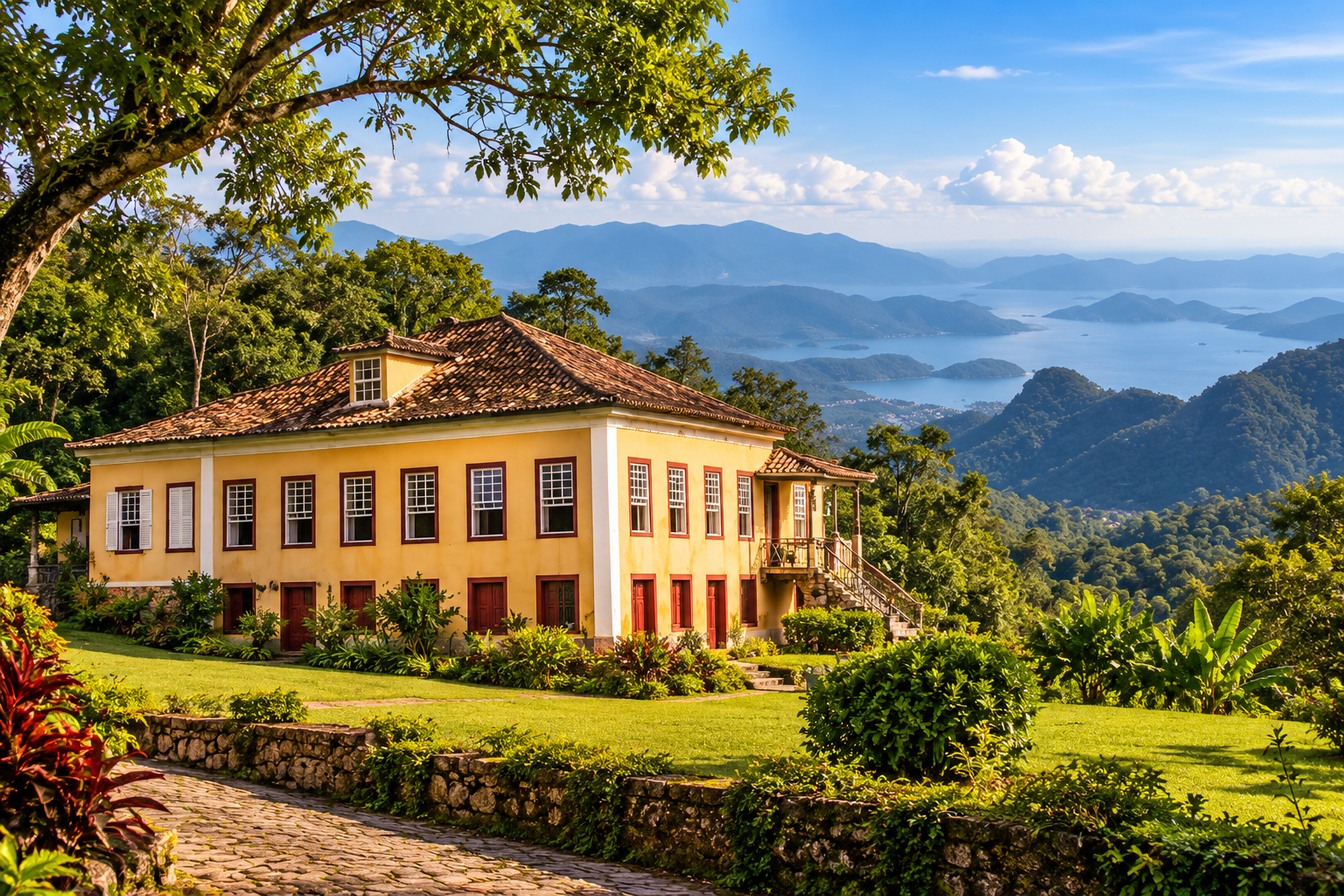 Ilustração da sede amarela da Fazenda Resgate cercada de jardim e mata, com montanhas e o mar da baía de Angra dos Reis ao fundo