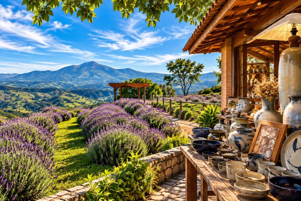 Ilustração de um campo de lavanda florido ao lado de uma bancada com peças de cerâmica, com montanhas ao fundo, em Cunha