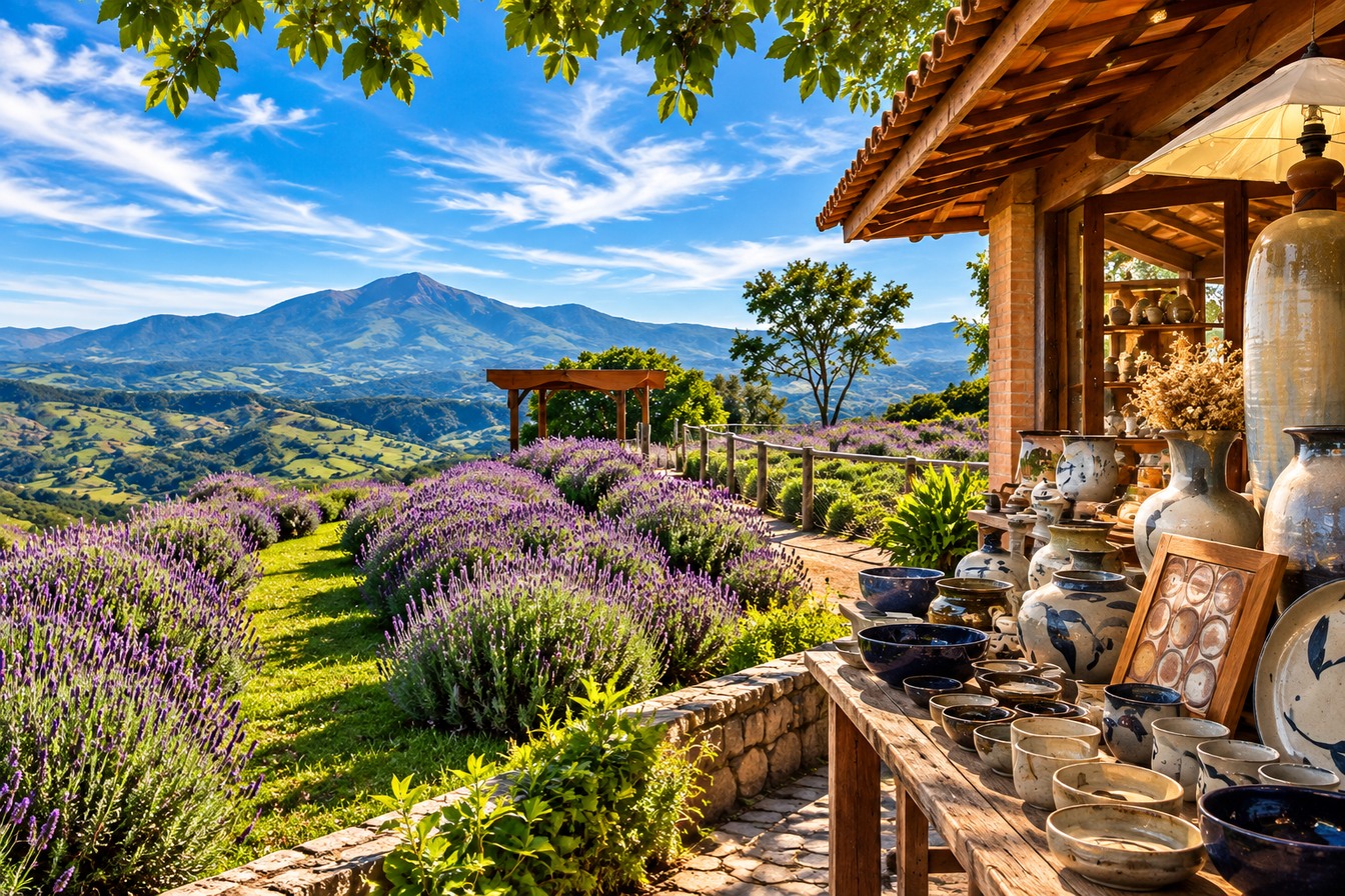 Ilustração de um campo de lavanda florido ao lado de uma bancada com peças de cerâmica, com montanhas ao fundo, em Cunha