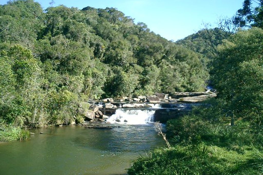 Rio de águas calmas com uma pequena cachoeira entre morros cobertos de mata no Parque Estadual da Serra do Mar, em Cunha