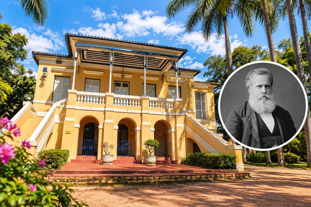 Fachada da Fazenda Nossa Senhora da Conceição, em Jundiaí, com selo sobreposto do retrato de Dom Pedro II