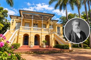 Fachada da Fazenda Nossa Senhora da Conceição, em Jundiaí, com selo sobreposto do retrato de Dom Pedro II