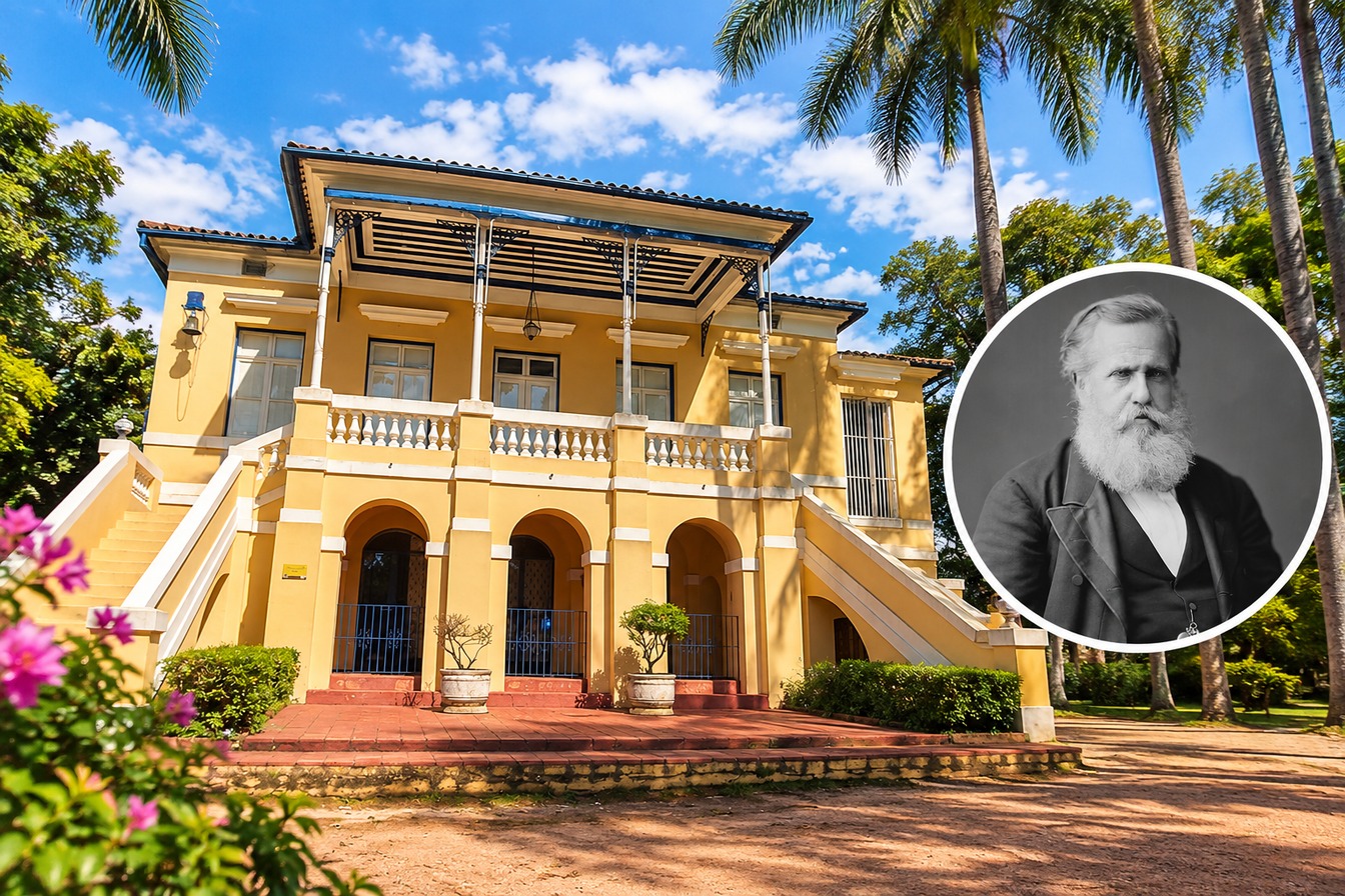 Fachada da Fazenda Nossa Senhora da Conceição, em Jundiaí, com selo sobreposto do retrato de Dom Pedro II