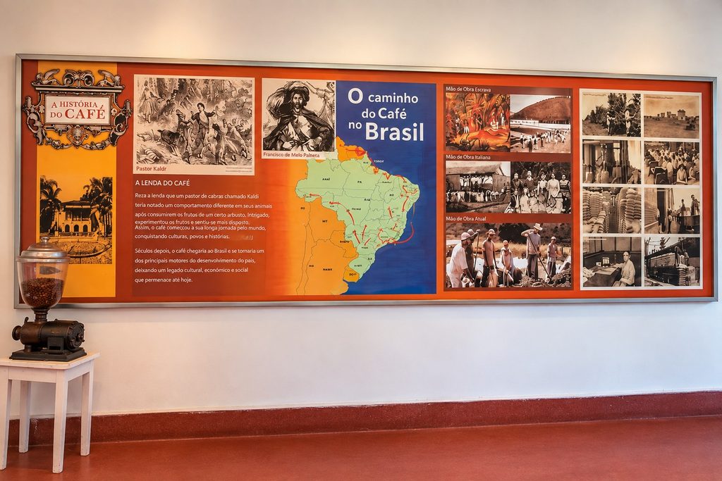Painel histórico sobre o caminho do café no Brasil, exposto na Fazenda Nossa Senhora da Conceição, em Jundiaí