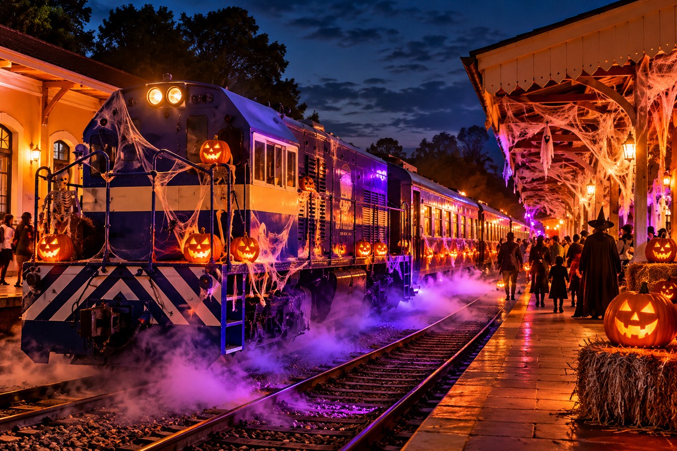 Ilustração de um trem de época azul decorado para o Halloween, com abóboras, teias de aranha e névoa roxa, parado em uma estação à noite com pessoas fantasiadas