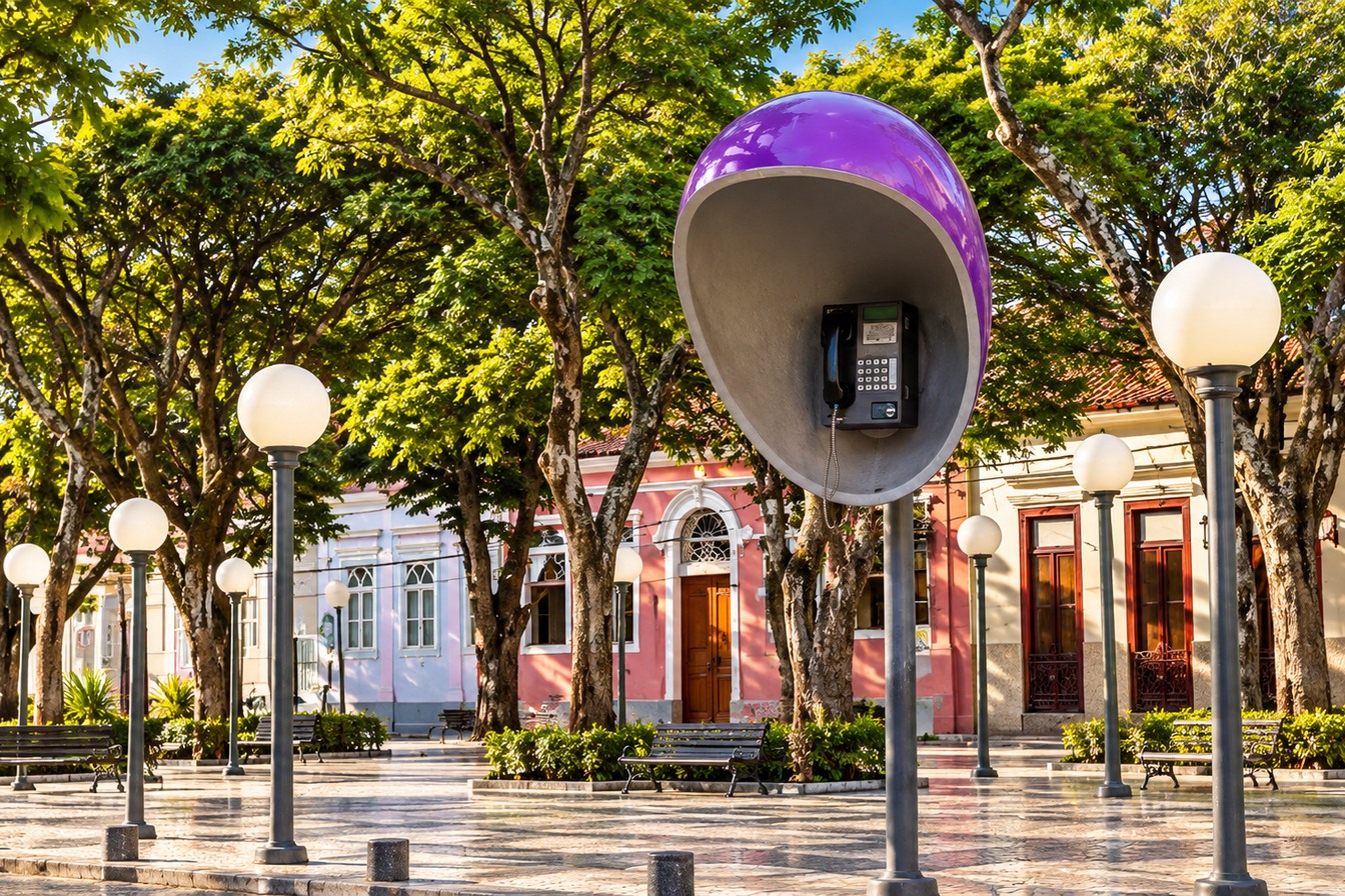 Orelhão gigante roxo sobre um poste alto na praça central de Itu, com árvores, postes e casarões coloridos ao fundo