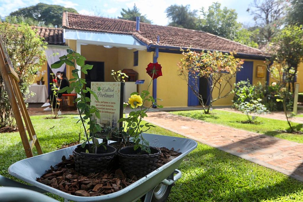 Jardim florido com caminho de tijolos diante das casinhas amarelas do museu, com carrinho de mão com mudas