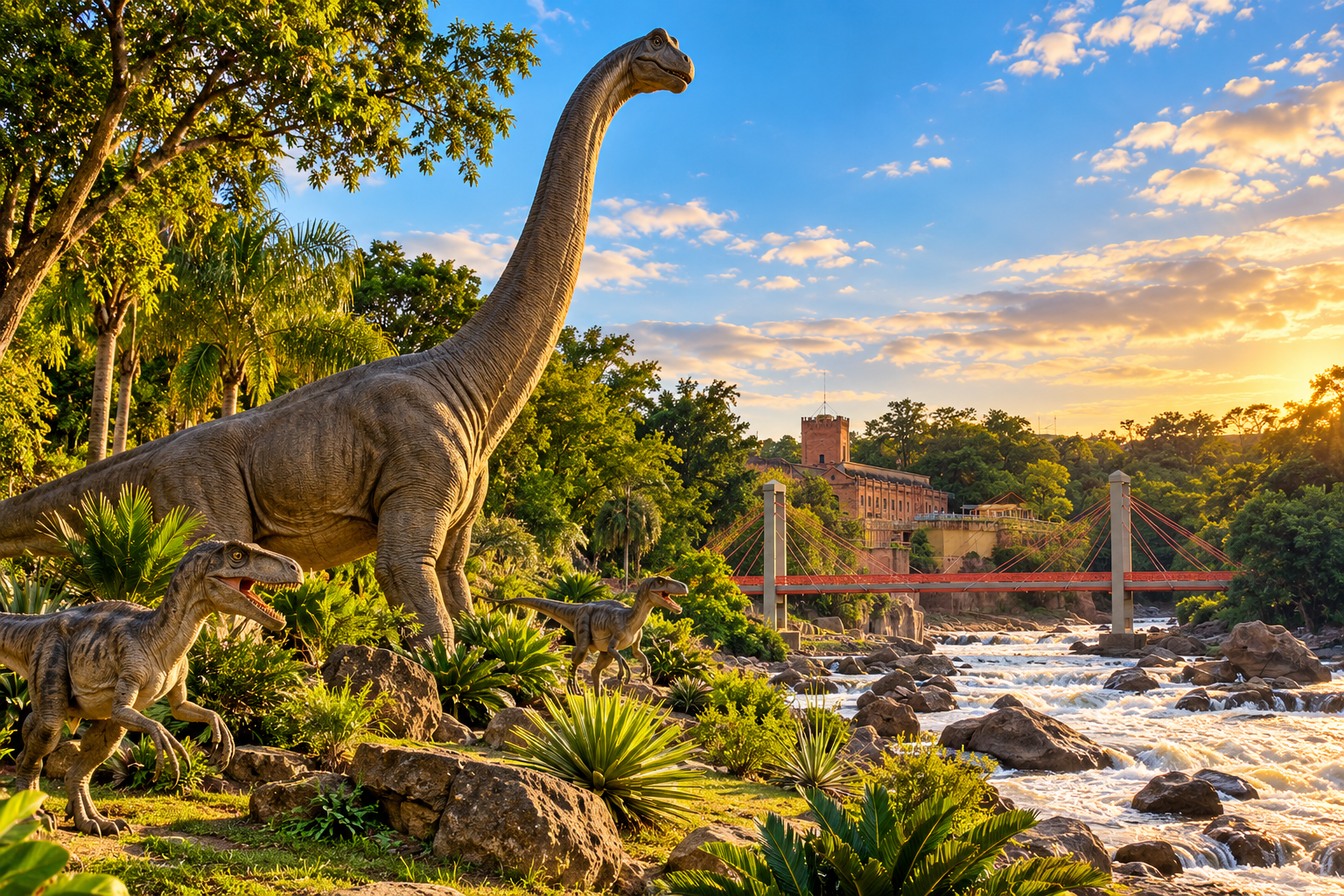 lustração de um braquiossauro e dois velociraptors entre a vegetação, ao lado de um rio com corredeiras e uma ponte pênsil vermelha ao fundo, ao pôr do sol