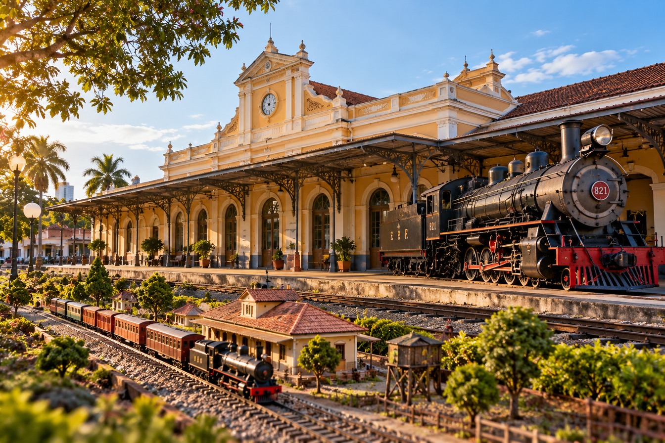 Ilustração da estação ferroviária amarela de São Carlos com uma locomotiva a vapor na plataforma e uma maquete de trem em primeiro plano