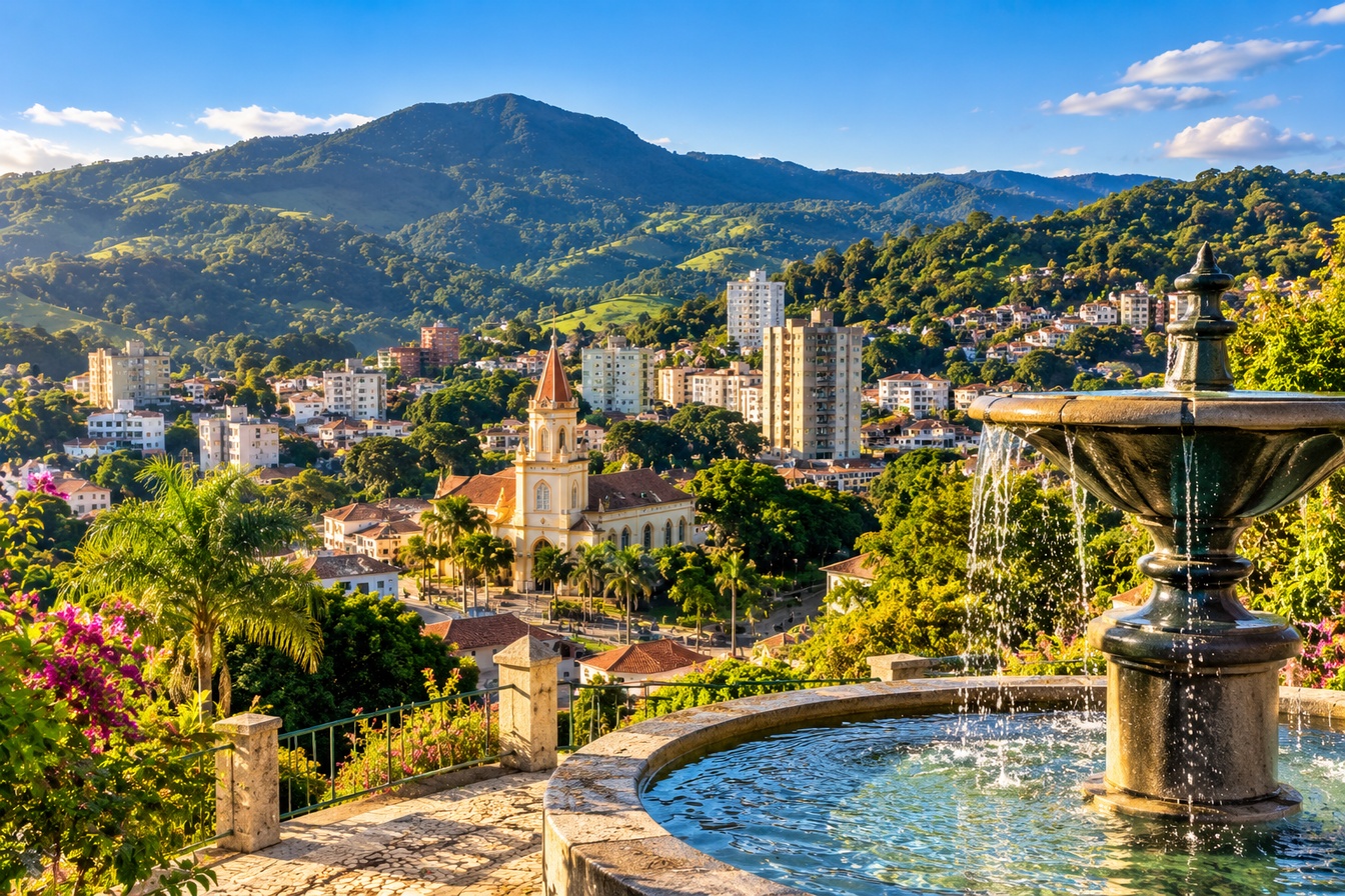 Vista ilustrada de Serra Negra com a cidade entre montanhas verdes, uma igreja ao centro e um chafariz em primeiro plano