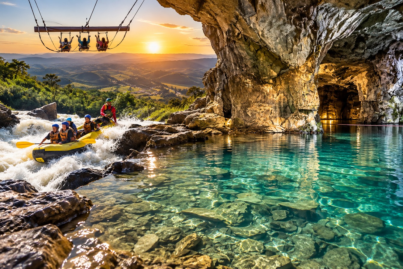 Ilustração de Socorro com balanço gigante sobre o vale ao pôr do sol, bote de rafting nas corredeiras e lago cristalino na entrada de uma gruta