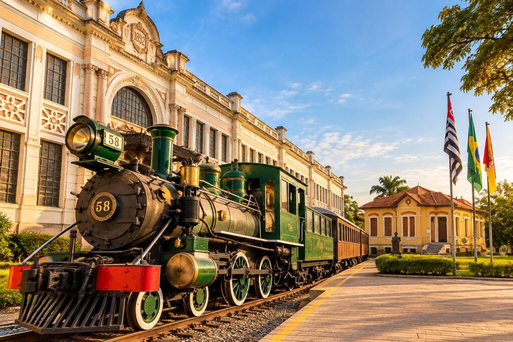 Ilustração da locomotiva a vapor nº 58, do Trem dos Operários, diante da estação ferroviária de Sorocaba, com o museu ferroviário ao fundo