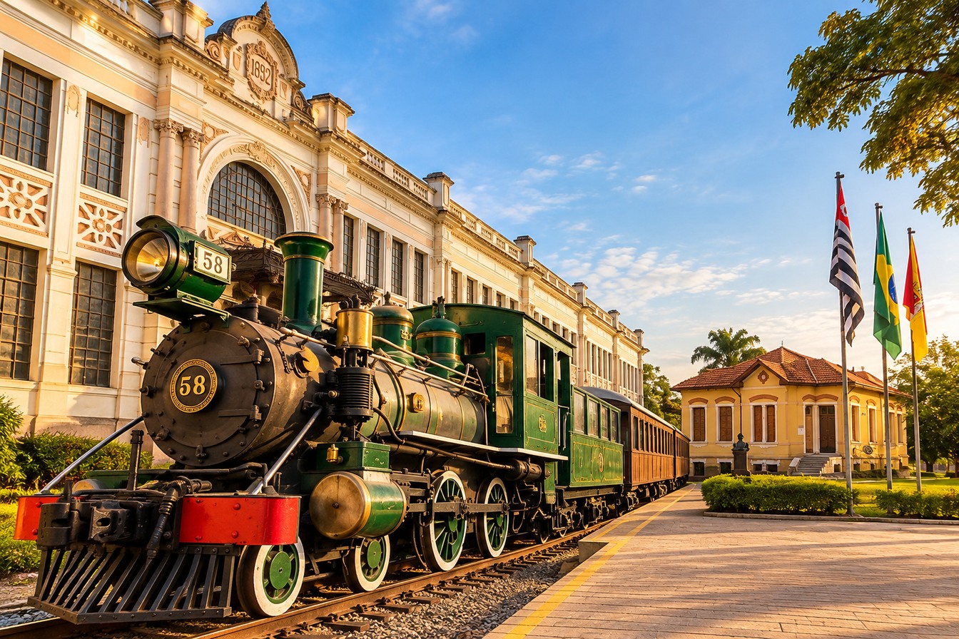 Ilustração da locomotiva a vapor nº 58, do Trem dos Operários, diante da estação ferroviária de Sorocaba, com o museu ferroviário ao fundo