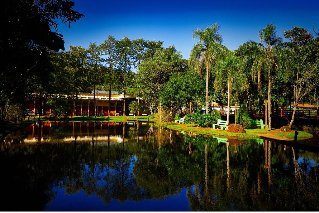 Lago com palmeiras e o prédio do balneário refletidos na água, no Parque das Águas