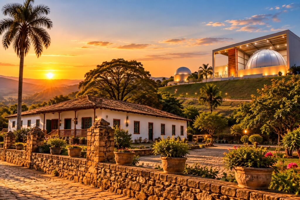 Ilustração de uma casa de fazenda branca com muro de pedra e jardim, com um observatório de cúpulas brancas no alto do morro, ao pôr do sol em Amparo