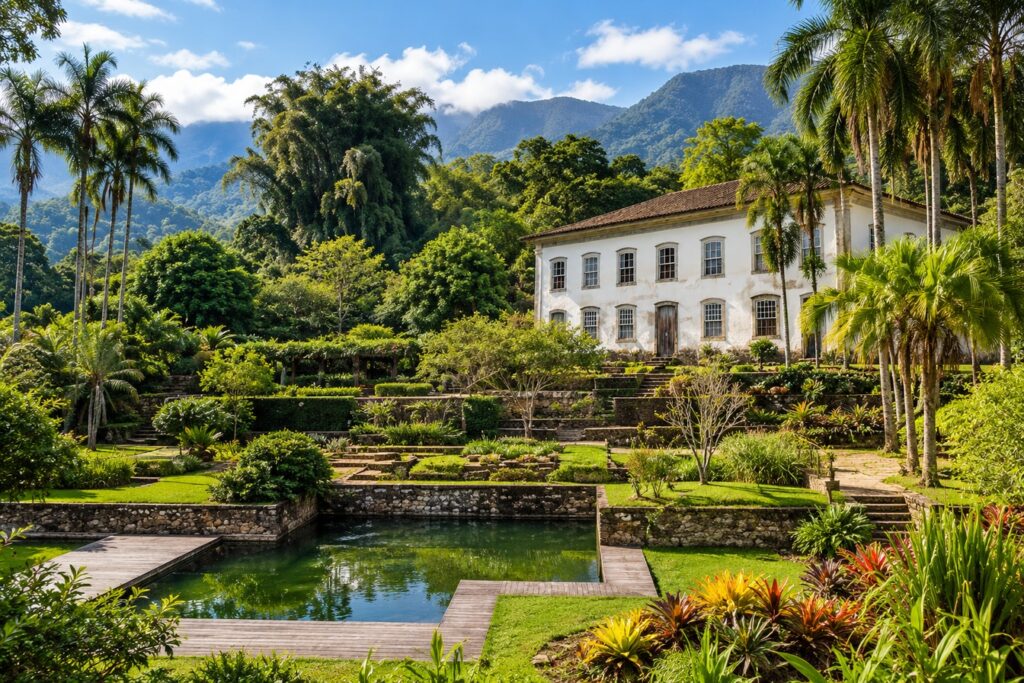 Ilustração de um casarão colonial branco no alto de um jardim tropical em terraços, com espelhos d'água, palmeiras e a serra ao fundo