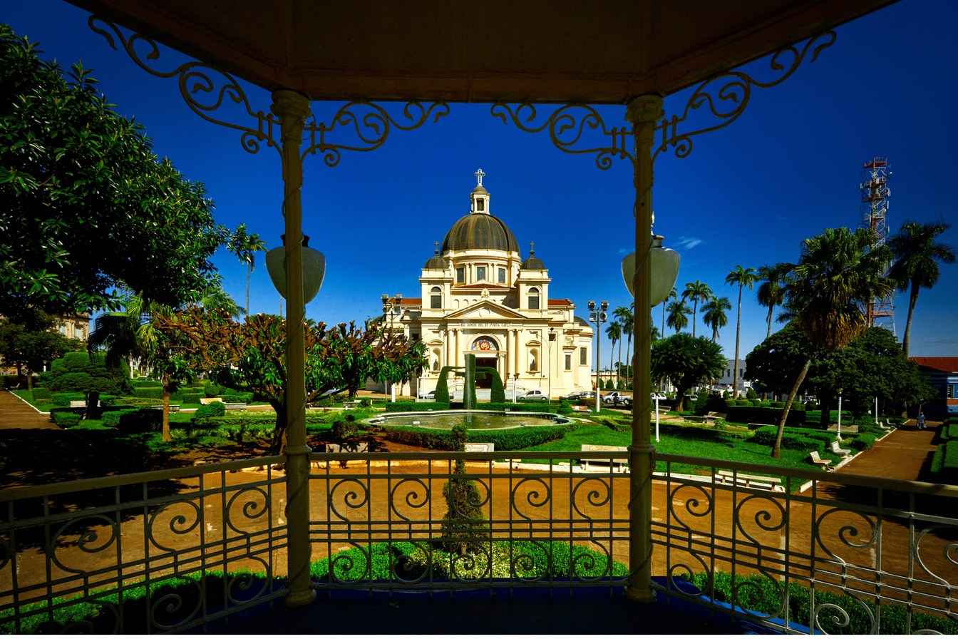 Igreja matriz neoclássica de Batatais com cúpula, vista de dentro do coreto da praça entre palmeiras e jardins
