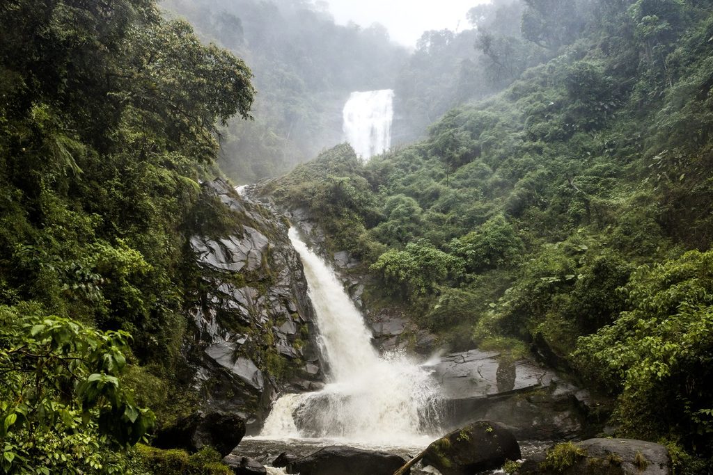 Cachoeira em dois saltos descendo entre pedras escuras e mata fechada, com neblina no alto, no Parque Nacional da Serra da Bocaina