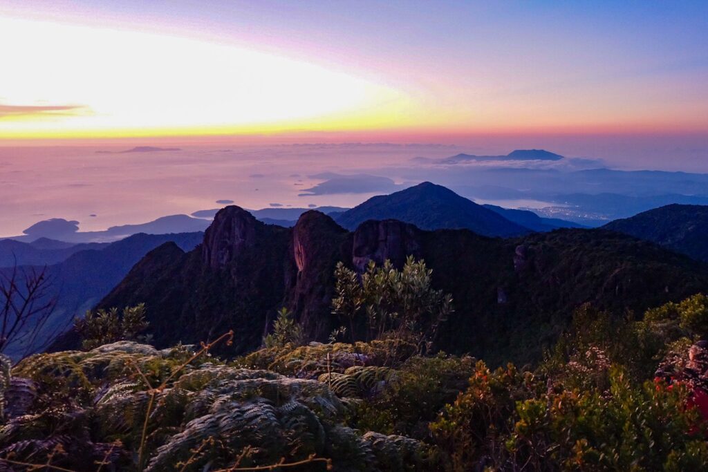 Amanhecer colorido sobre picos rochosos e mata da Serra da Bocaina, com o mar e ilhas ao fundo sob o céu rosado