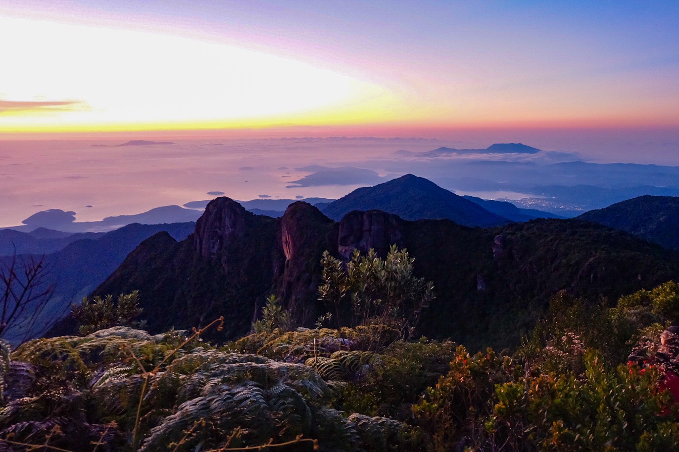 Amanhecer colorido sobre picos rochosos e mata da Serra da Bocaina, com o mar e ilhas ao fundo sob o céu rosado