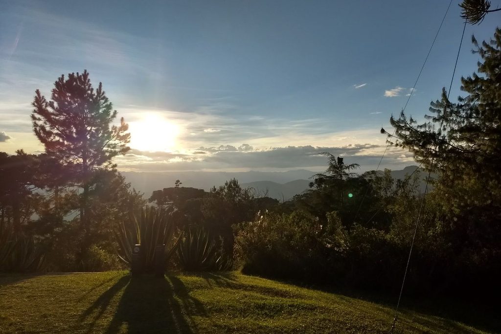 Pôr do sol sobre as montanhas visto do gramado do Museu Felícia Leirner, entre araucárias e plantas