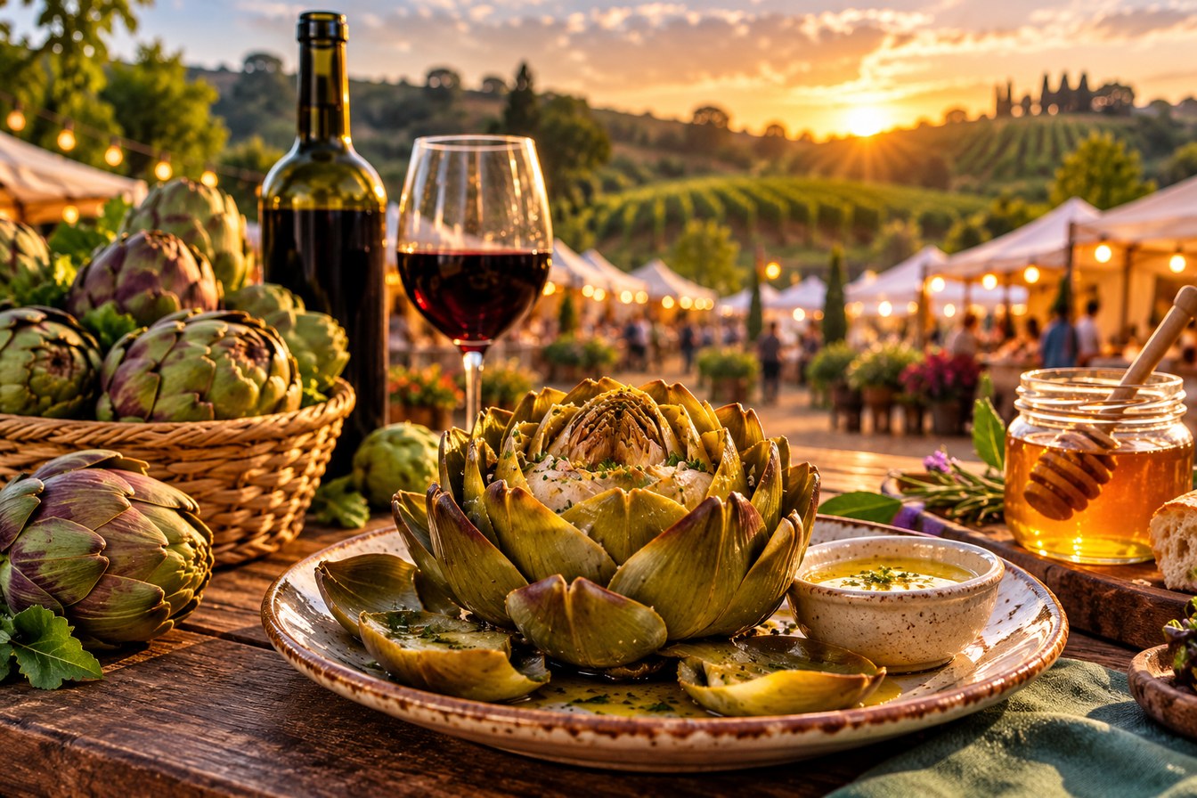Ilustração de mesa rústica com alcachofra cozida, taça de vinho tinto, pote de mel e cesto de alcachofras, com barracas de festival e vinhedos ao fundo no pôr do sol