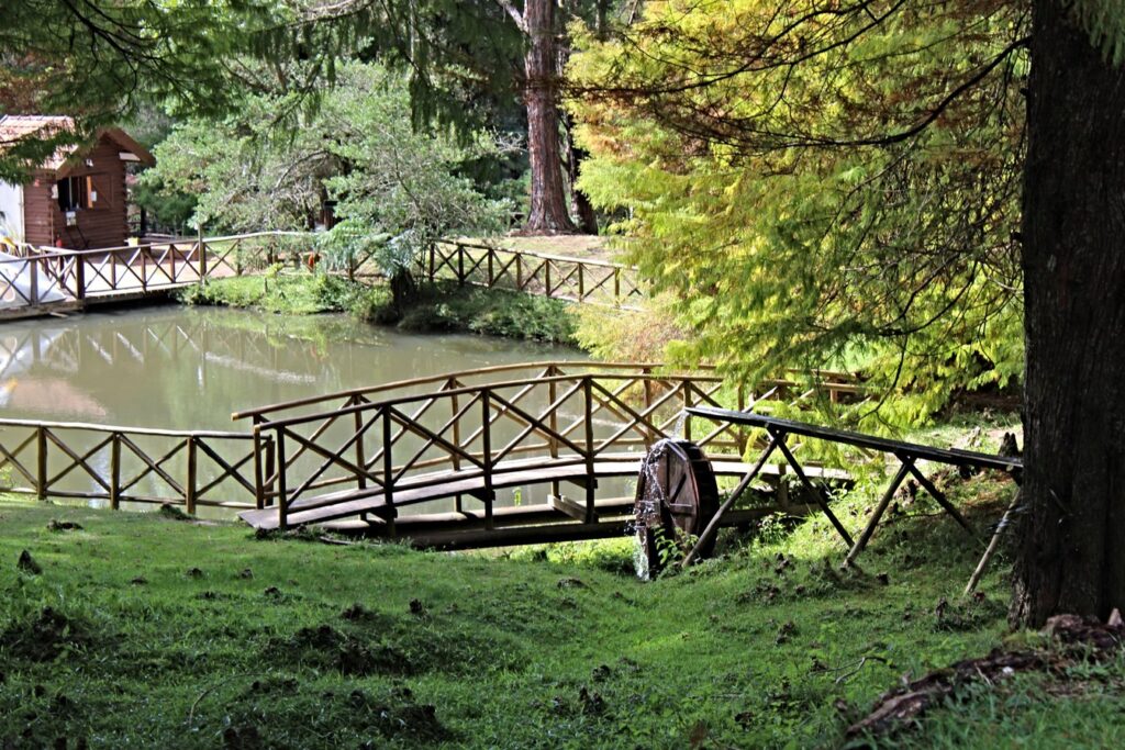 Lago do Horto Florestal de Campos do Jordão com pontes de madeira, roda d'água e casinha entre árvores