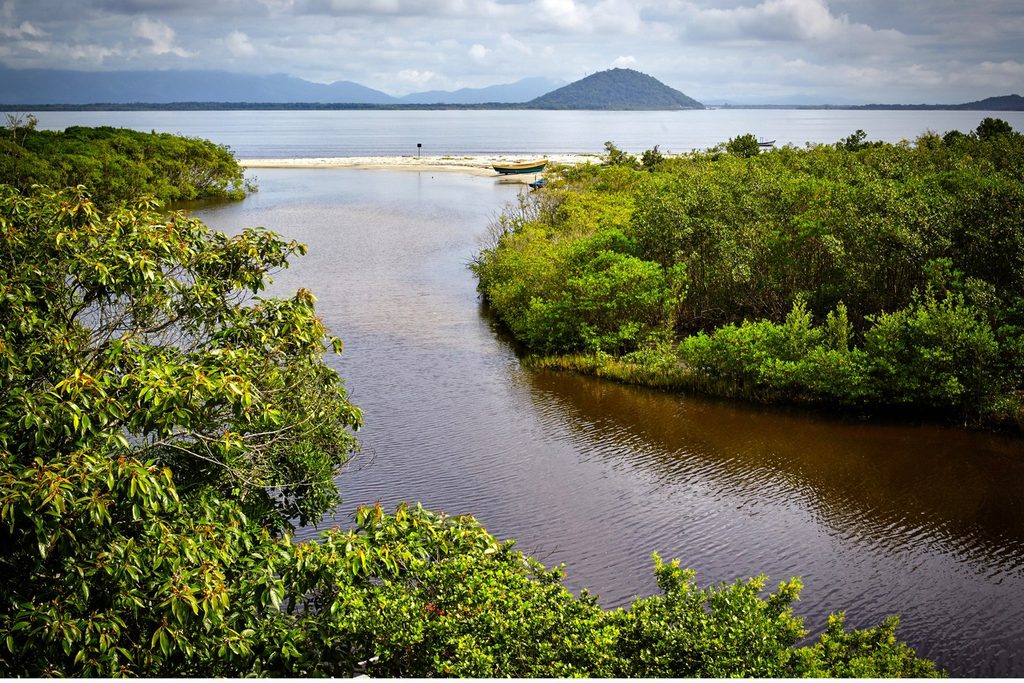 Rio de águas escuras desaguando no mar entre o mangue, com faixa de areia e um morro ao fundo, na Praia do Pereirinha