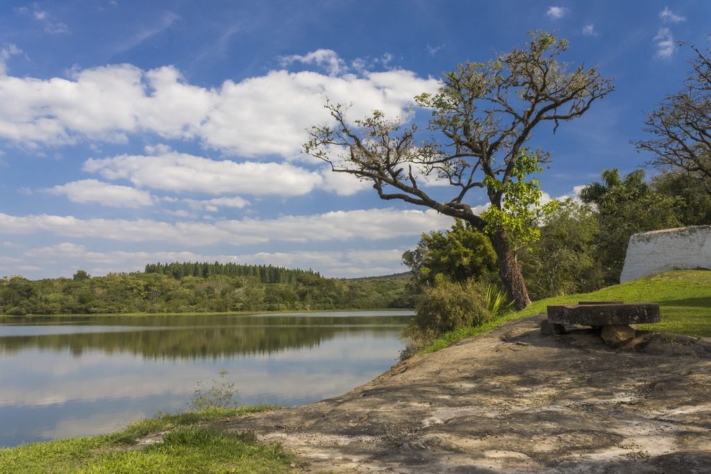 Lago calmo refletindo o céu, com árvore de galhos secos em primeiro plano sobre uma laje de pedra