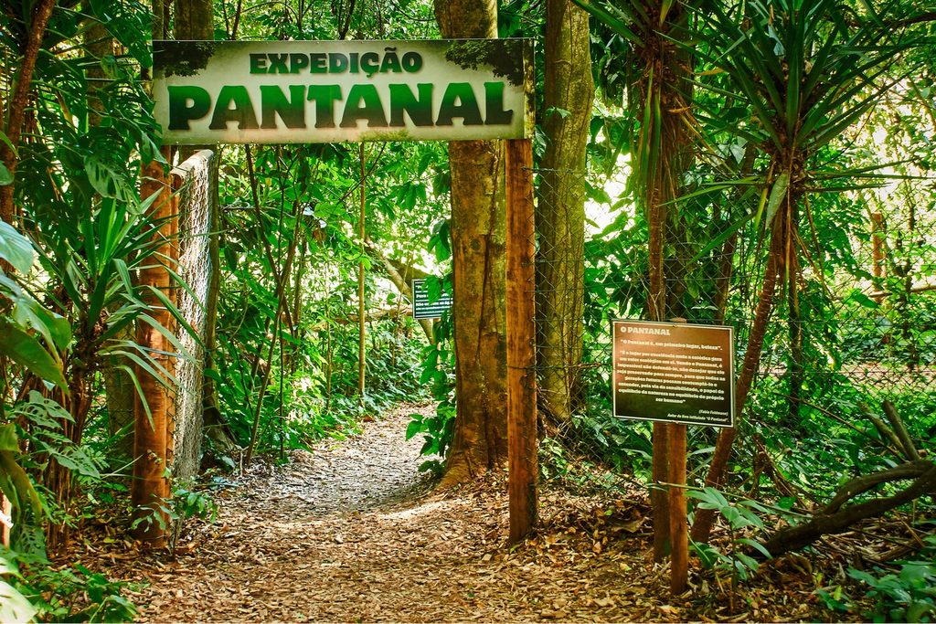 Entrada da trilha Expedição Pantanal no Zooparque Itatiba, caminho de terra no meio da mata com placa de madeira