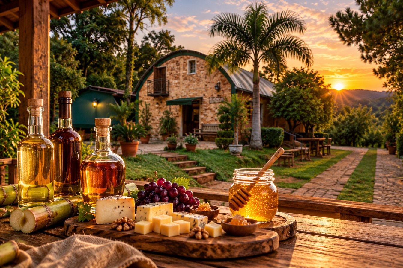 Ilustração de mesa rústica com cachaça, mel, queijos e uvas diante de um prédio de tijolos com teto arredondado, inspirado numa cervejaria de Itupeva, ao pôr do sol