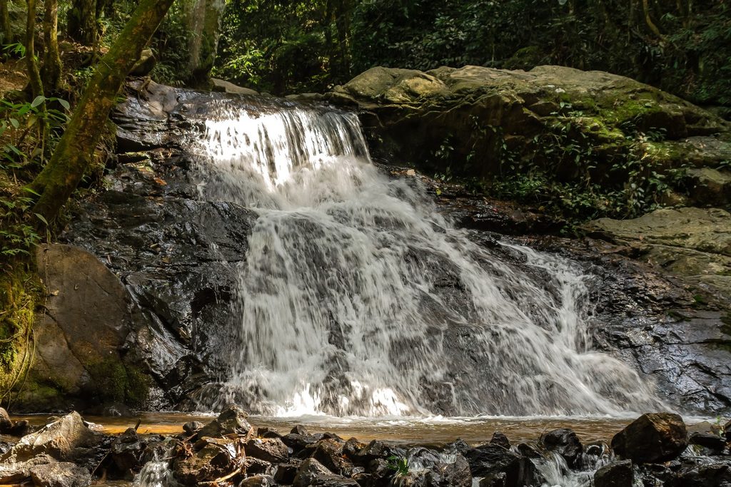 Cachoeira larga descendo em degraus sobre pedras escuras no meio da mata, na Serra do Japi