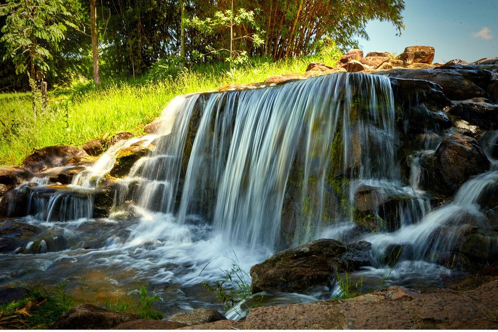 Pequena cachoeira descendo em véu sobre pedras escuras, cercada de mato e bambus