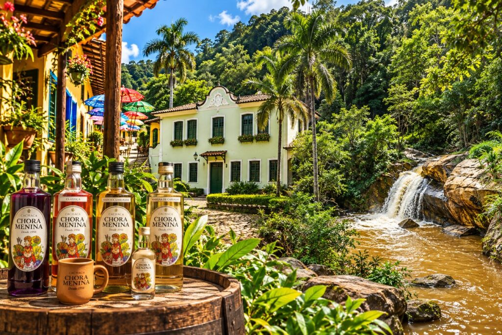 Ilustração de garrafas de cachaça sobre um barril, com um casarão e uma pequena cachoeira entre palmeiras ao fundo