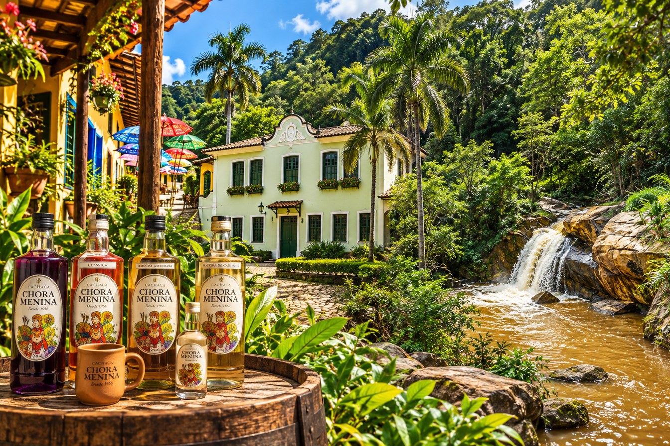 Ilustração de garrafas de cachaça sobre um barril, com um casarão e uma pequena cachoeira entre palmeiras ao fundo