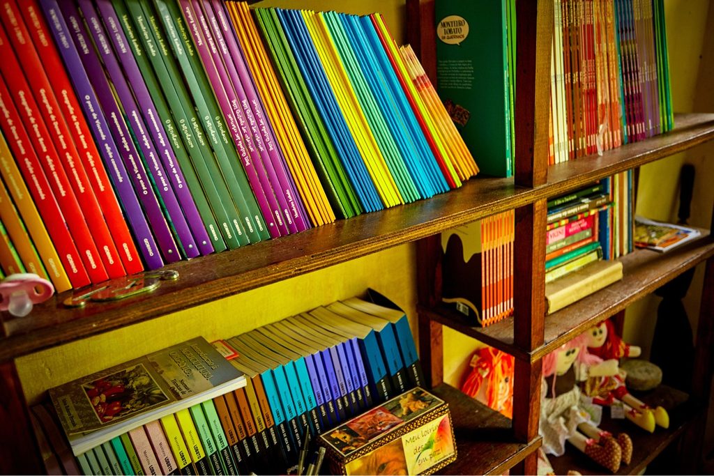 Estante de madeira com livros de lombadas coloridas e bonecos, no casarão do Sítio