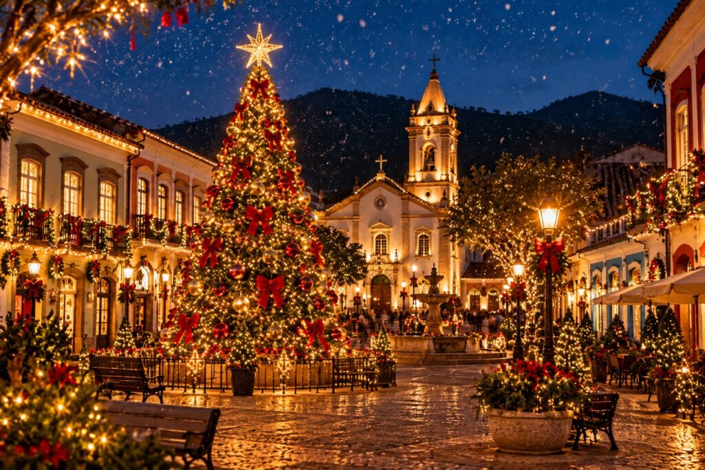 Ilustração de praça de cidade histórica do interior decorada para o Natal, com árvore iluminada, casarões e igreja ao fundo