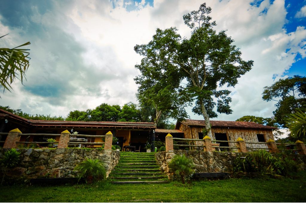 Casa de sítio com varanda de madeira, muro de pedra e escada de grama, sob árvores altas