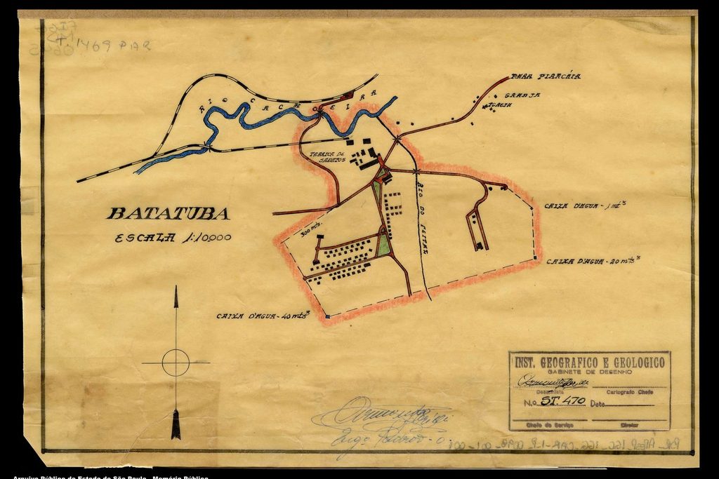 Mapa antigo desenhado à mão da vila de Batatuba, com o Rio Cachoeira e a ferrovia