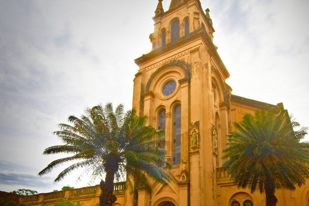 Igreja alta de tom dourado do Seminário Premonstratense, com rosácea e torre, entre palmeiras