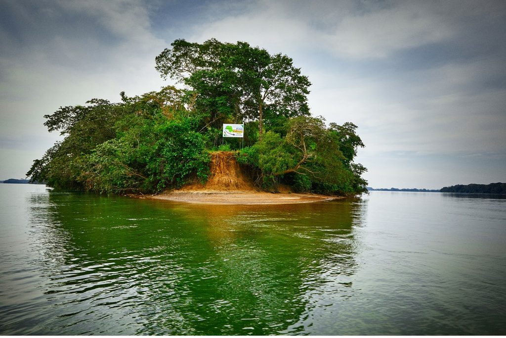 Ilha coberta de mata no Rio Paraná, perto do encontro dos rios, com água verde