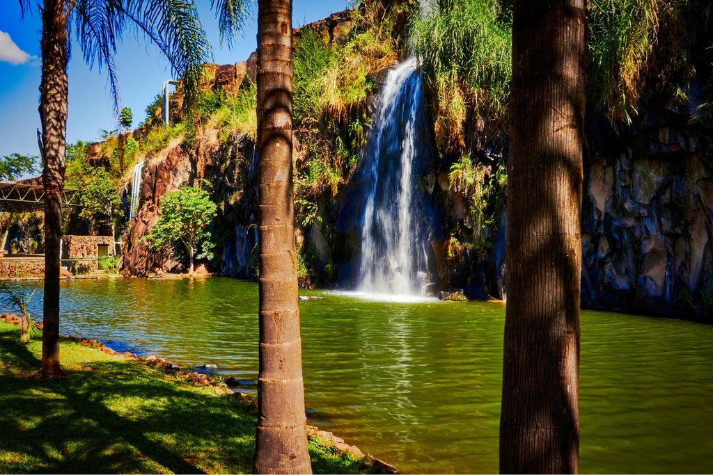 Cascata alta caindo de um paredão de pedra num lago verde, entre palmeiras, no Parque Luiz Carlos Raya, em Ribeirão Preto