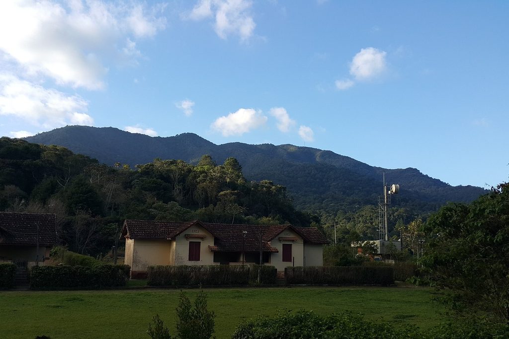 Serra coberta de mata sob céu azul, vista de um gramado com casas simples, perto da Estação Eugênio Lefèvre